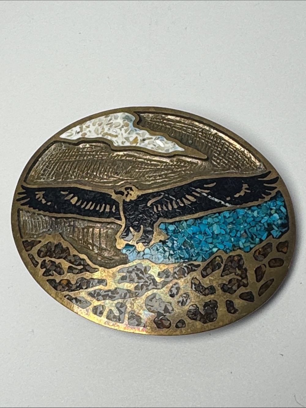 Vintage Soaring Eagle Turquoise Tiger Eye Inlay 1981 Brass Belt Buckle -Flawed